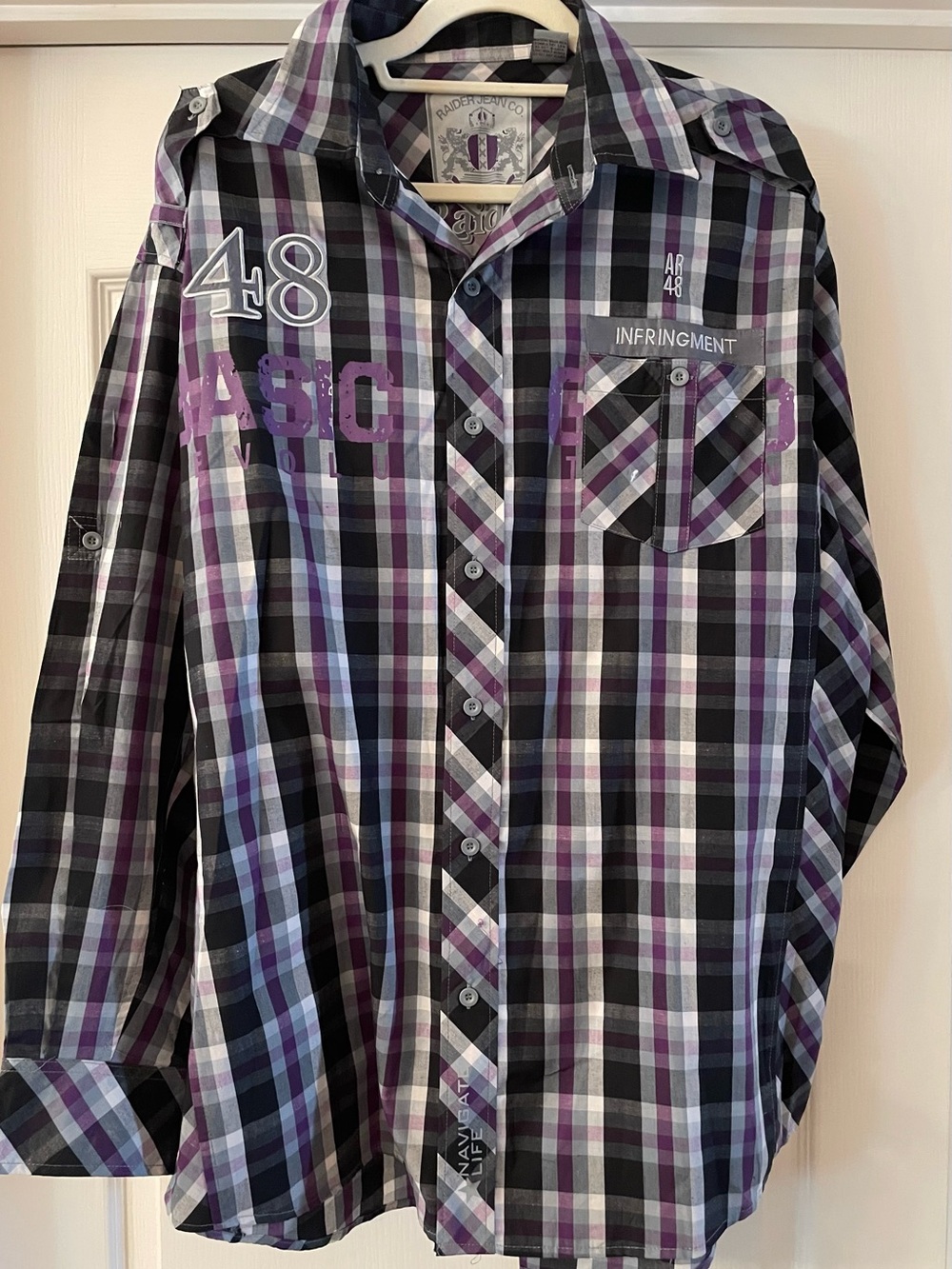 Raider Jean Company Infringement Button-Down Shirt in Black and Purple Size XL